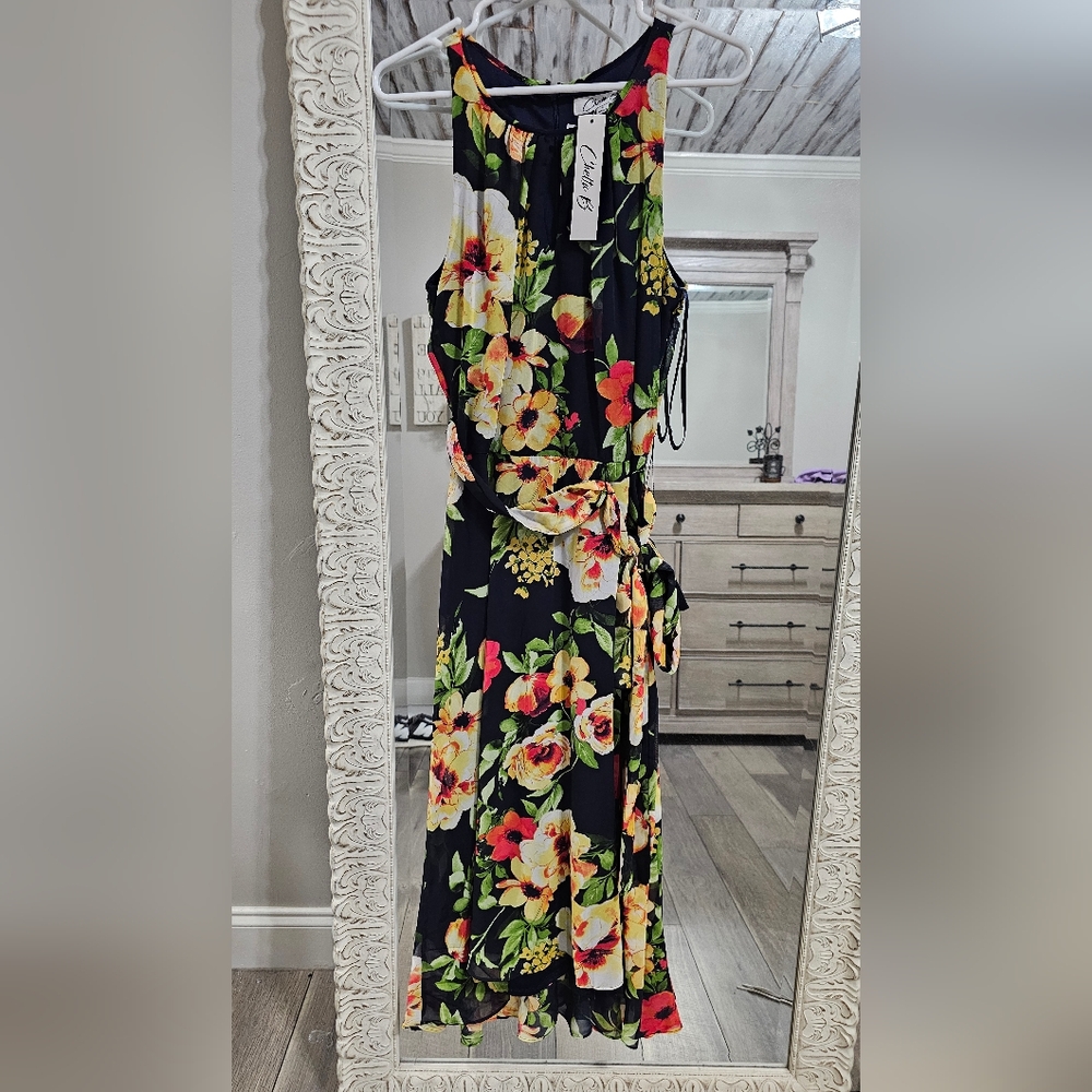 Chetta B Black Floral Midi Dress with Yellow & Pink Flowers